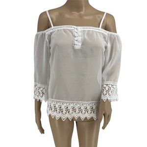 Ropalia sheer off cold shoulder top M crochet lace trim ivory off white